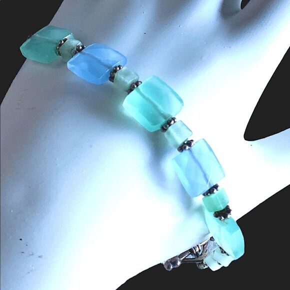 Vintage semi precious sterling silver blue green bracelet 7.5” - Picture 3 of 10